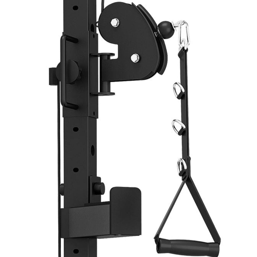 Multi-station home gym workout equipment with pulleys and adjustable weights for strength training