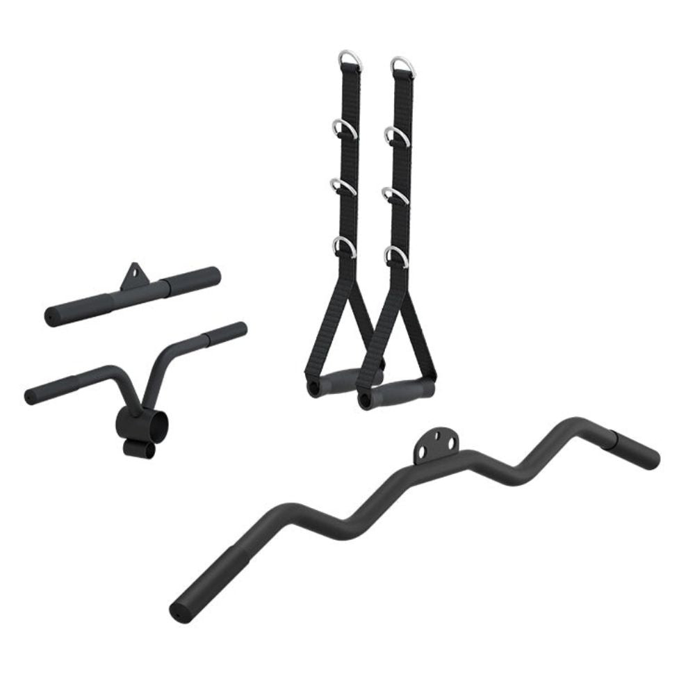 Multi-functional home gym unit with pulleys, weights, and adjustable components for strength training.