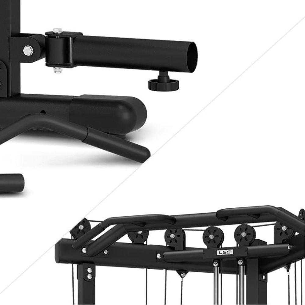 Multi-station home gym workout equipment with pulleys and adjustable weights for strength training