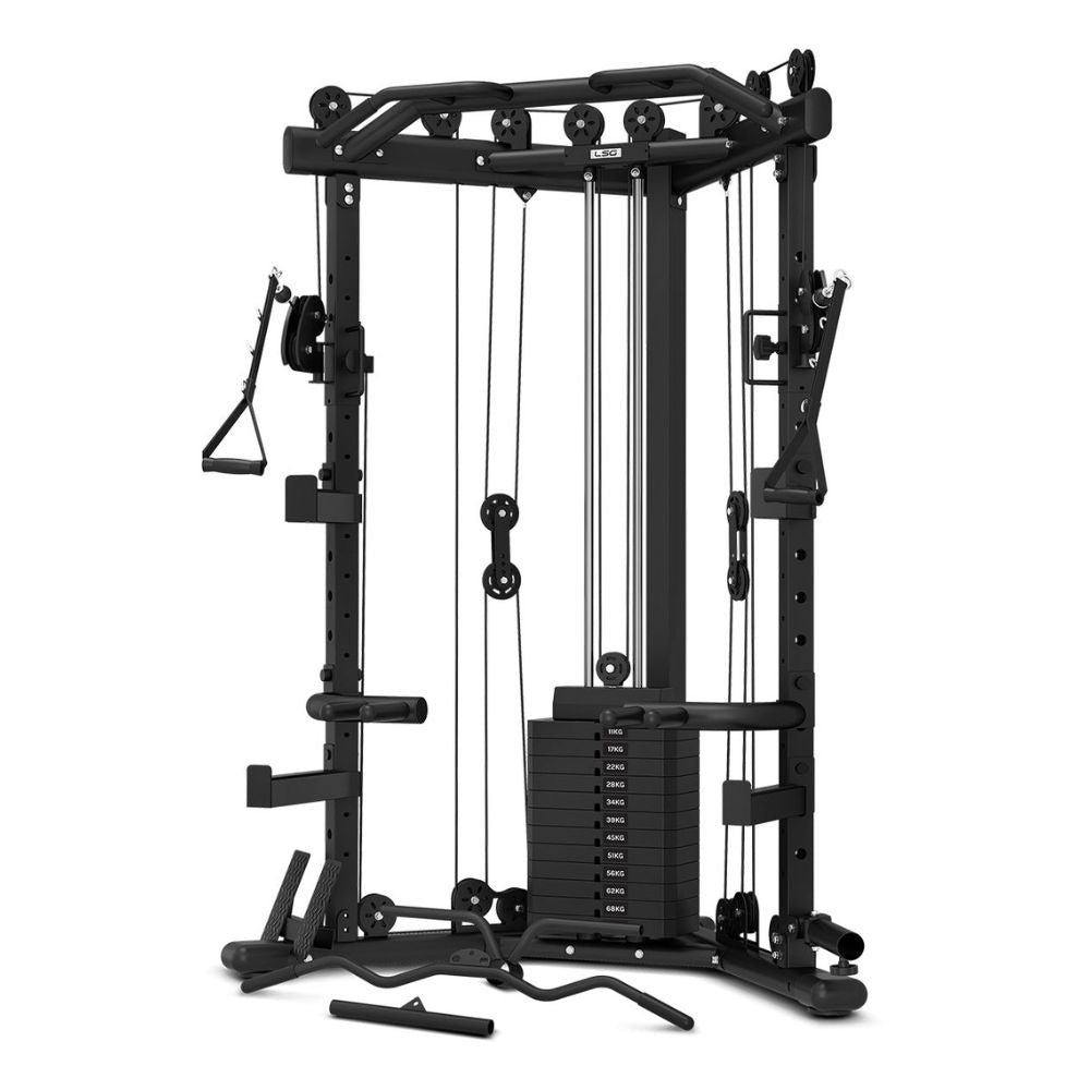 Multi-functional home gym equipment with cable system and weight stack for strength training
